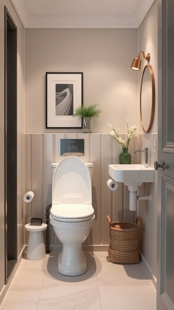 A compact and stylish space-saving toilet in a small powder room, featuring a small sink and decorative elements.