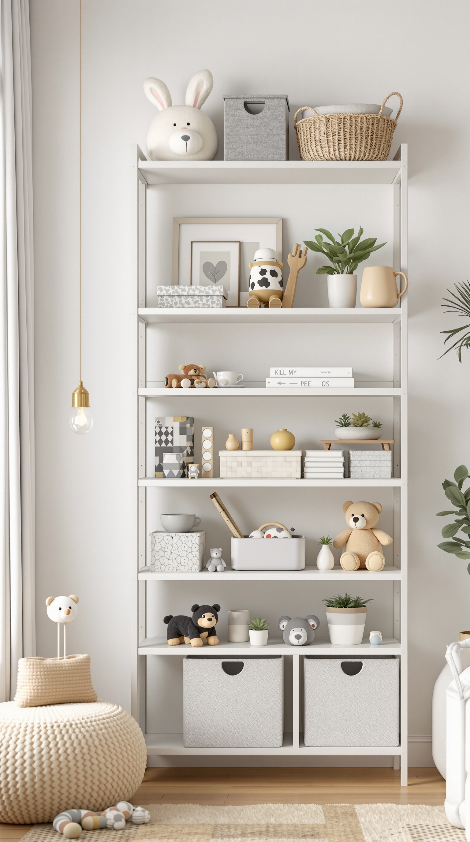 A stylish toy shelf filled with toys, decorative items, and storage boxes.