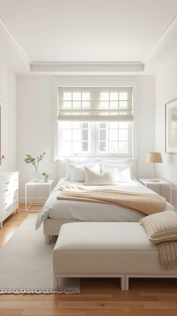 A bright and airy bedroom featuring white furniture, a cozy bed, and a minimalist design.