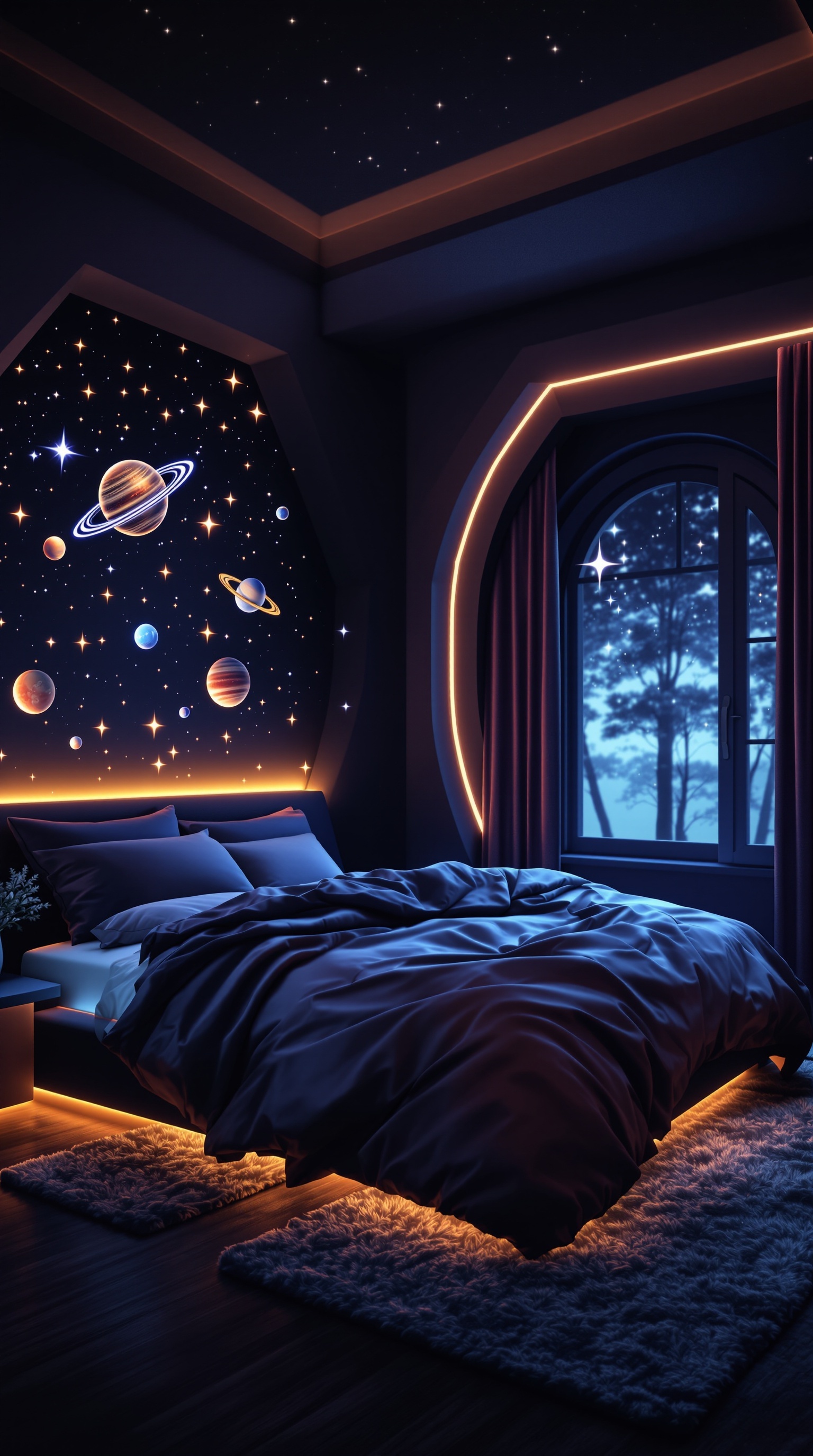 A cozy space-themed bedroom with planet murals and soft lighting.