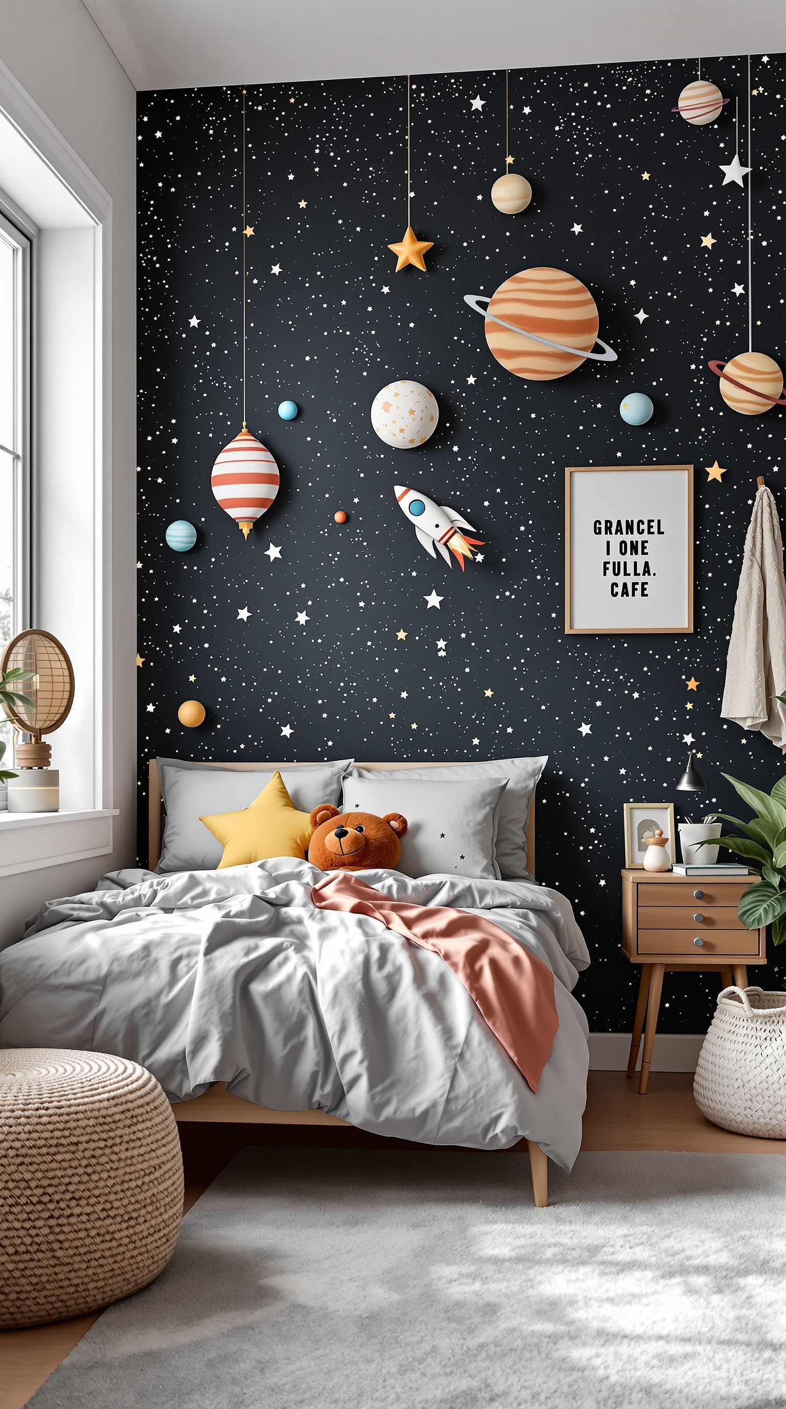 A cozy bedroom with a space-themed mural featuring planets, stars, and a rocket ship, complemented by soft bedding and a teddy bear.