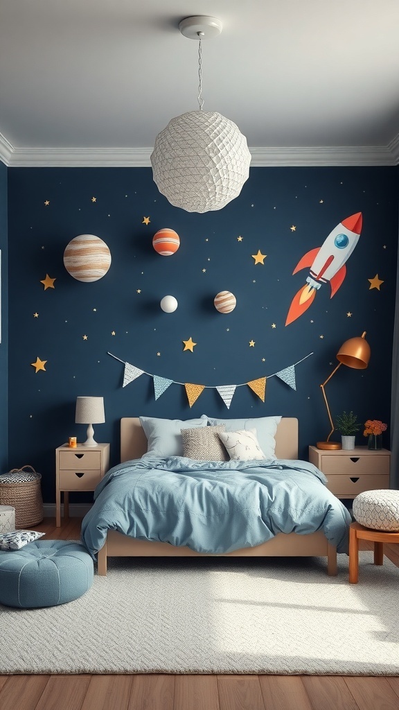 A children's bedroom decorated with a space exploration theme, featuring a blue wall with planets and a rocket ship, light blue bedding, and playful decor.