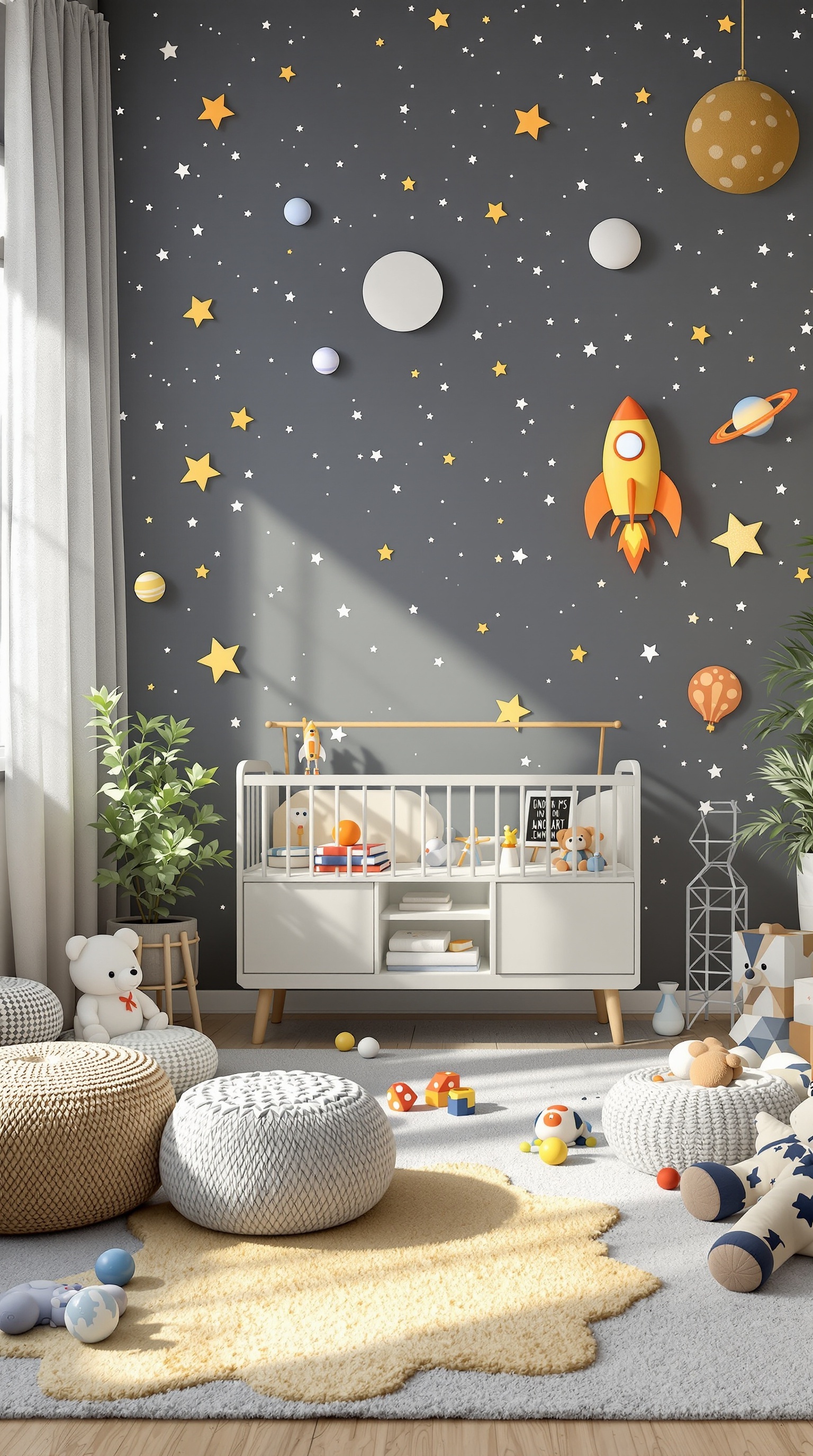 A toddler's room with space exploration decor featuring a dark gray wall with stars and planets, a crib, and playful toys.