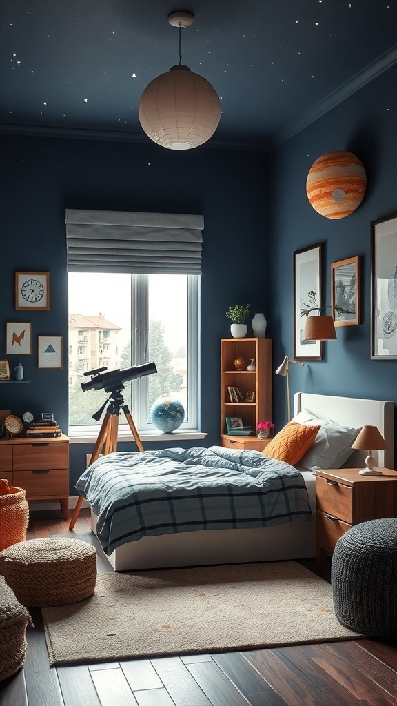 A boy's bedroom with space exploration decor, featuring blue walls, a telescope, and star-like ceiling lights.