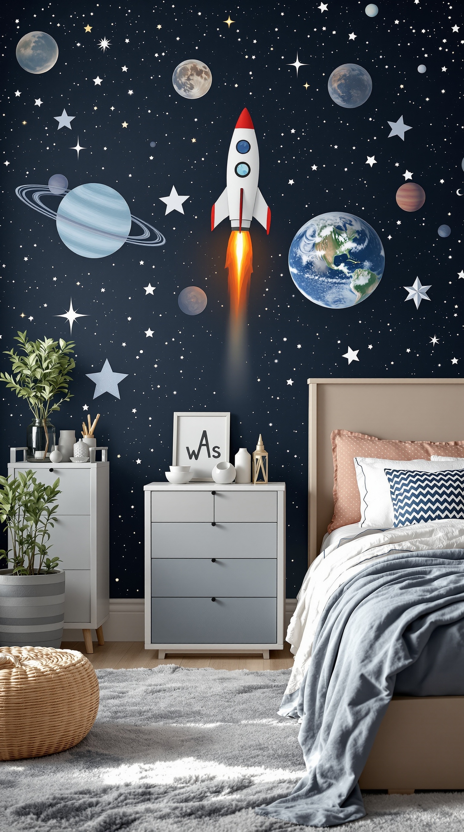 A boys' room featuring a space-themed mural with planets and a rocket ship.