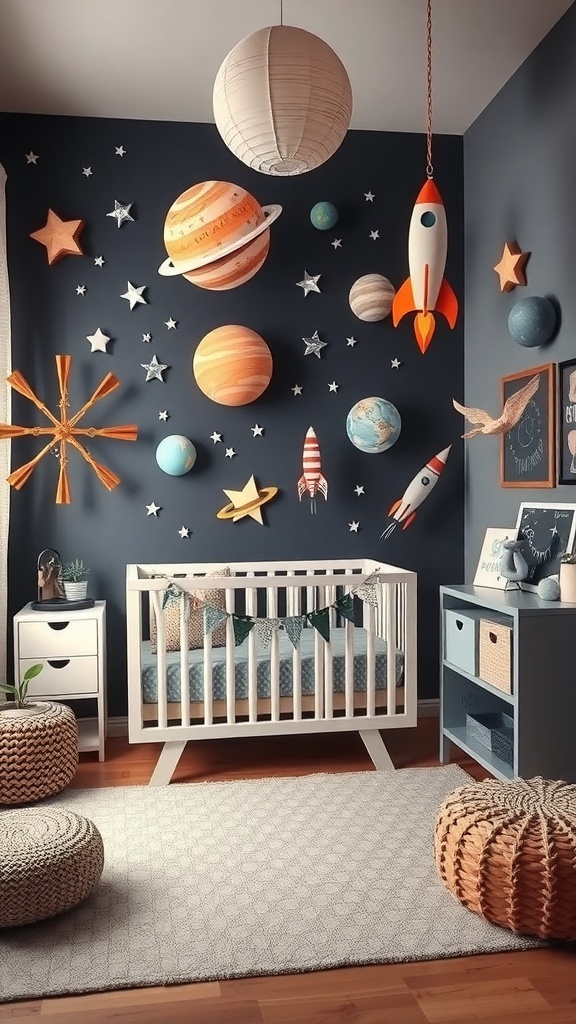 A nursery decorated with a space exploration theme, featuring planets, rockets, and stars on the walls.