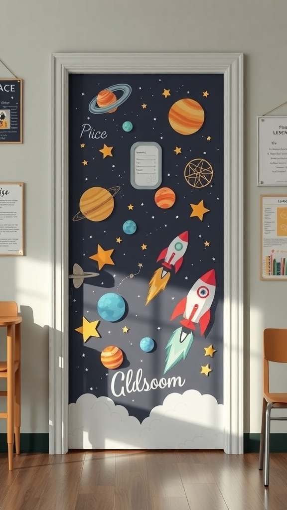 A classroom door decorated with a space exploration theme, featuring planets, rockets, and stars.