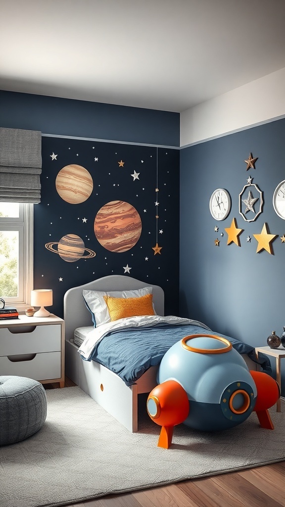 A boy's bedroom designed as a space exploration zone with planets on the wall, a cozy bed, and a rocket-shaped toy.