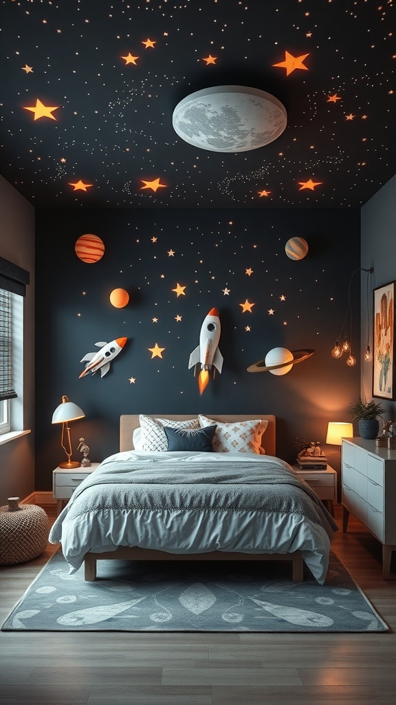 A children's bedroom designed with a space theme, featuring a dark wall with glowing stars and planets, a large moon on the ceiling, and colorful rocket decorations.
