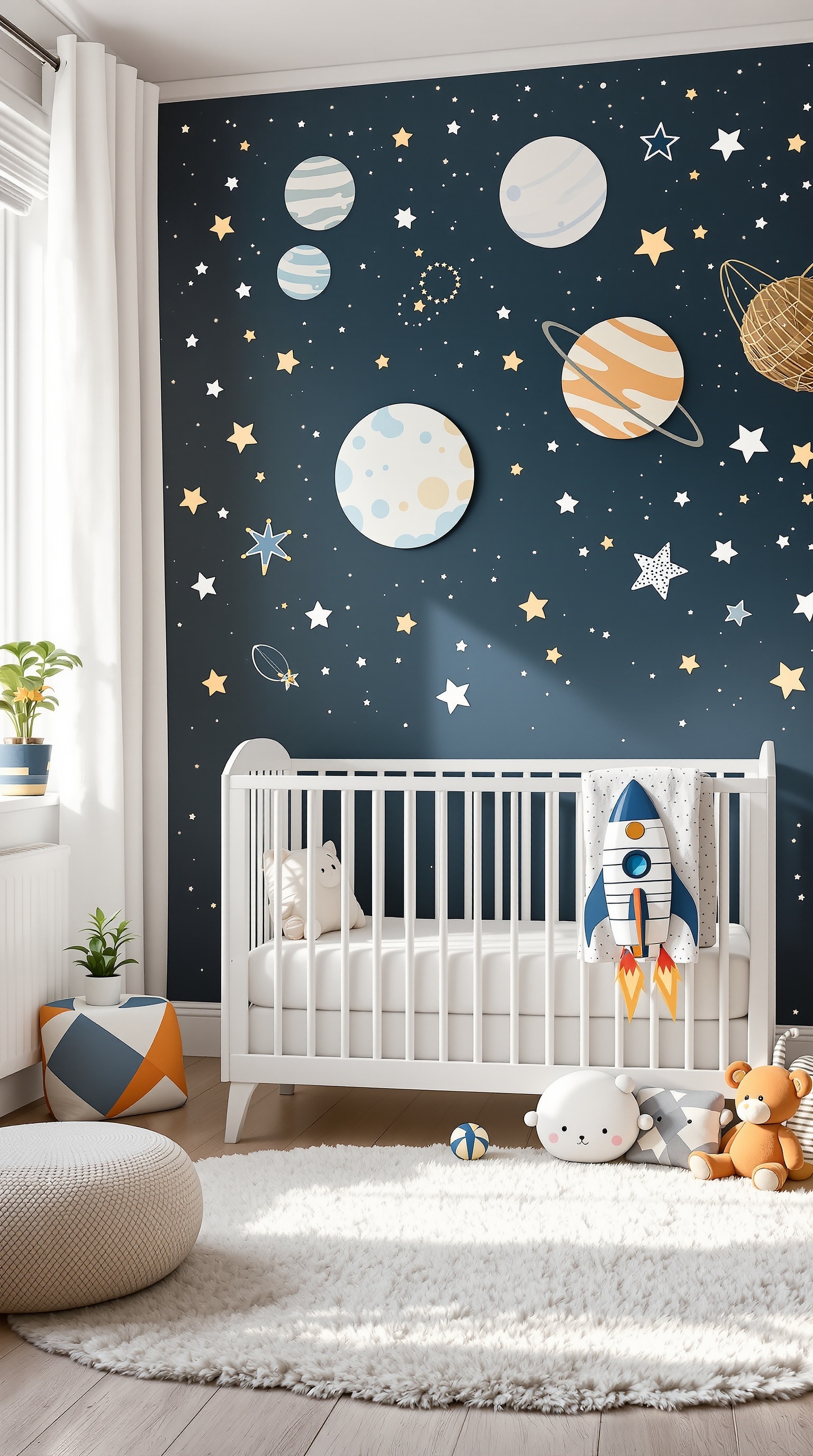 A baby boy's nursery with a space explorer theme featuring a dark blue wall with planets and stars, a white crib, and cozy decor.