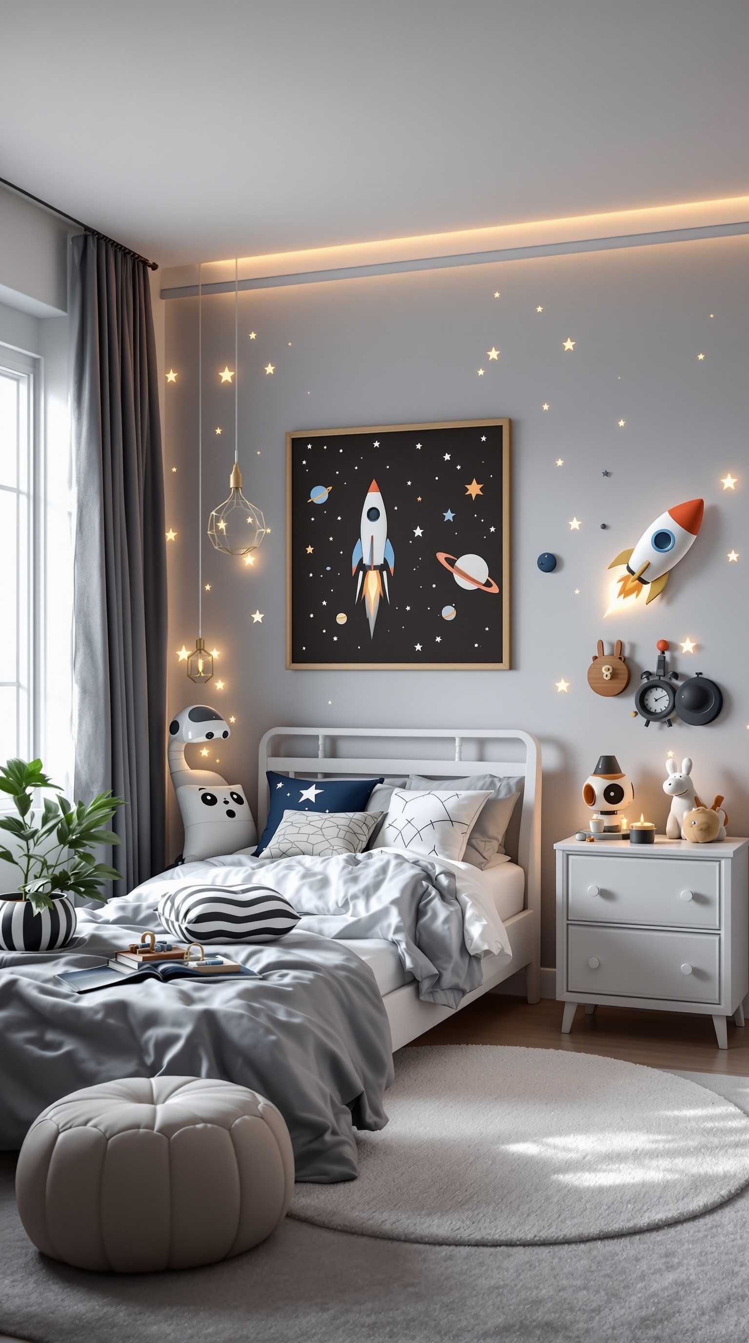 A cozy baby boy bedroom with a space explorer theme featuring rocket ship artwork, soft gray bedding, and playful decor.