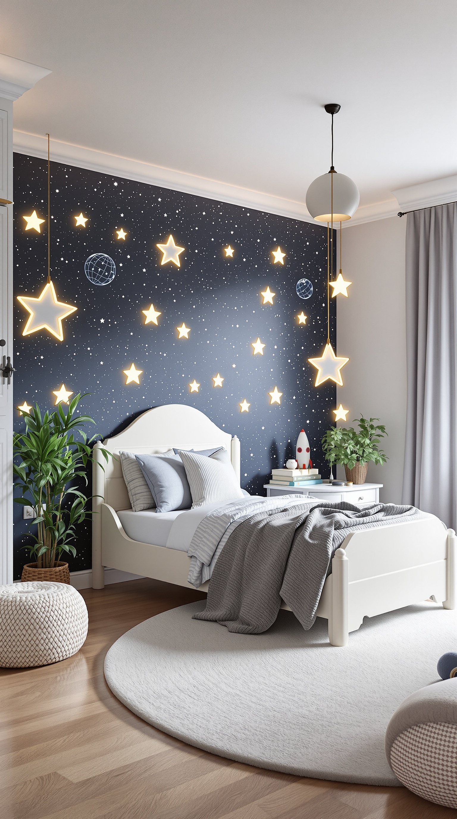 A cozy kids' room with a space theme, featuring a starry wall, a simple bed, and playful decor.