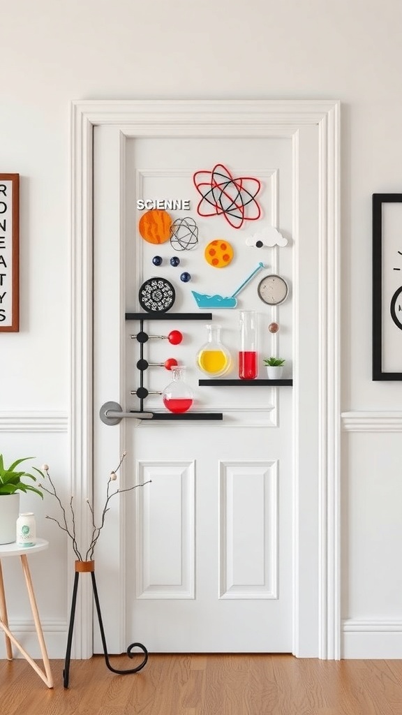 A classroom door decorated with science-themed items, including an atom model, planets, and laboratory equipment.