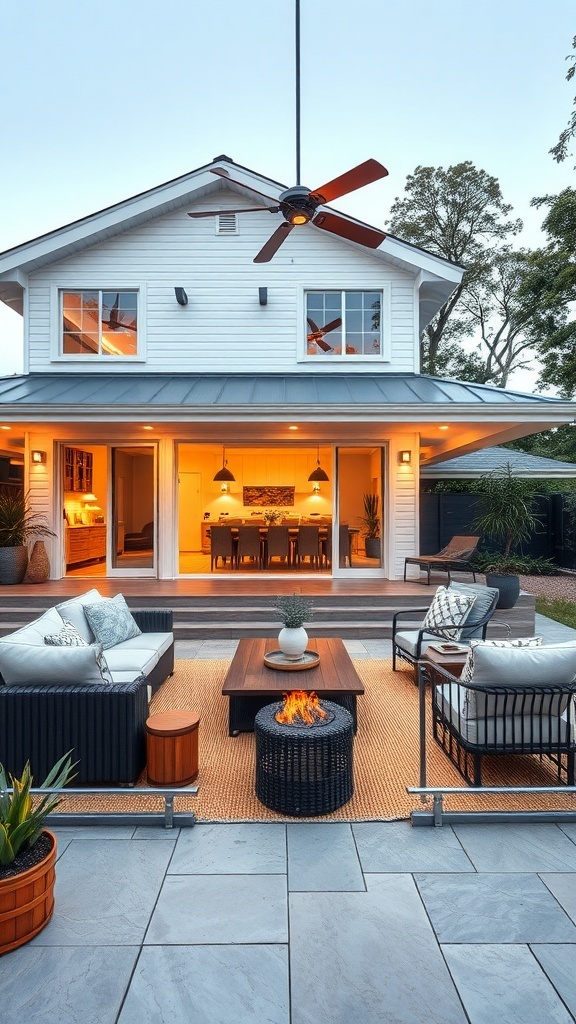A spacious outdoor living area with comfortable seating, a fire pit, and a view of the house.