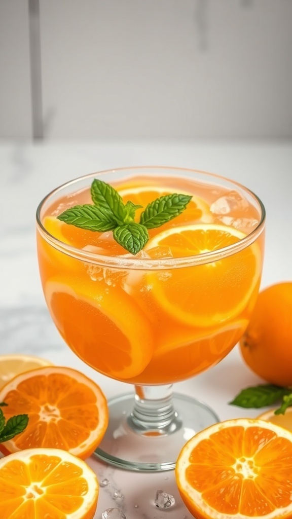 A glass of sparkling citrus punch decorated with orange slices and mint leaves, surrounded by fresh oranges.