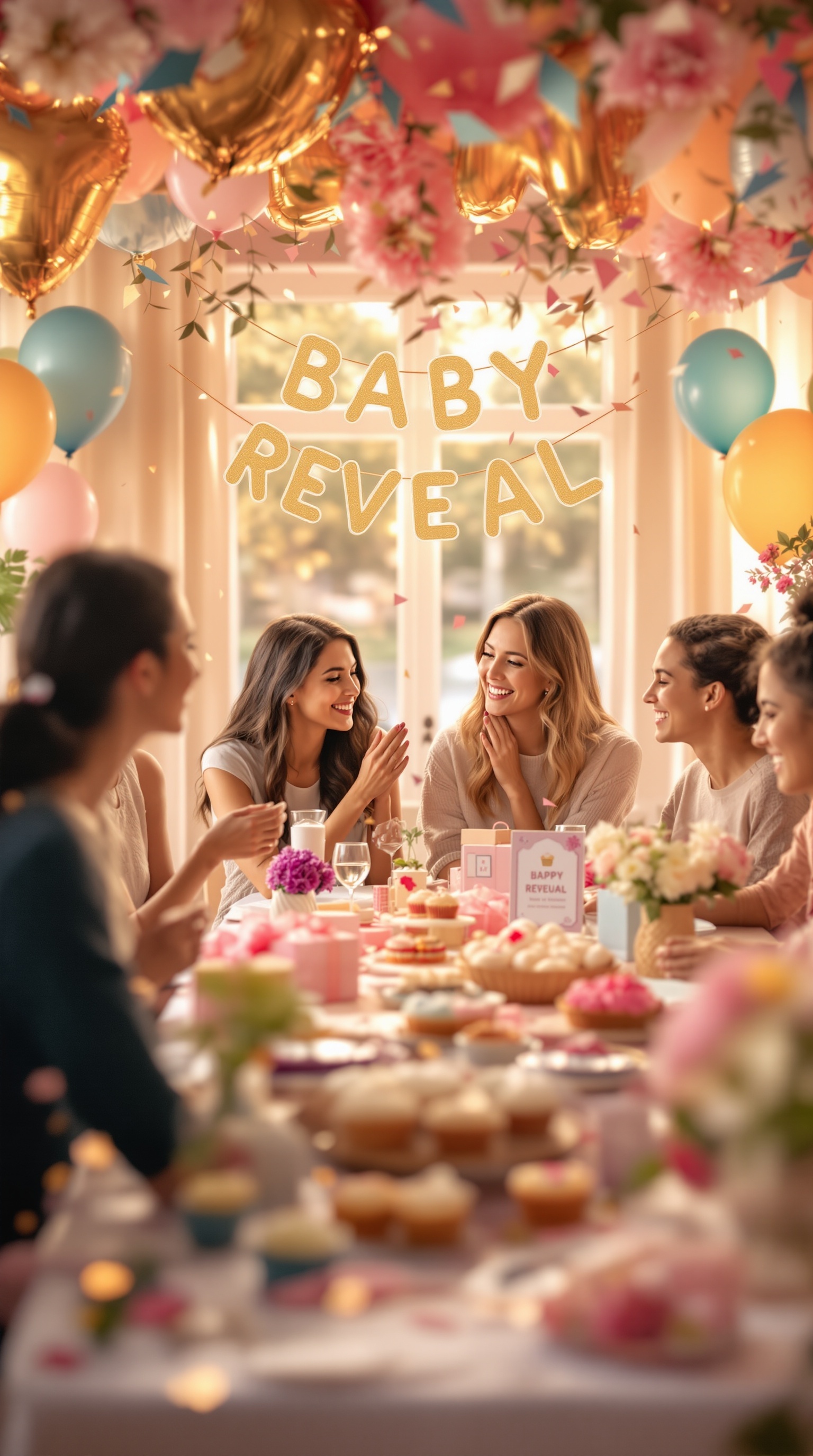 A vibrant gender reveal party setup with confetti, balloons, and a joyful gathering of friends.