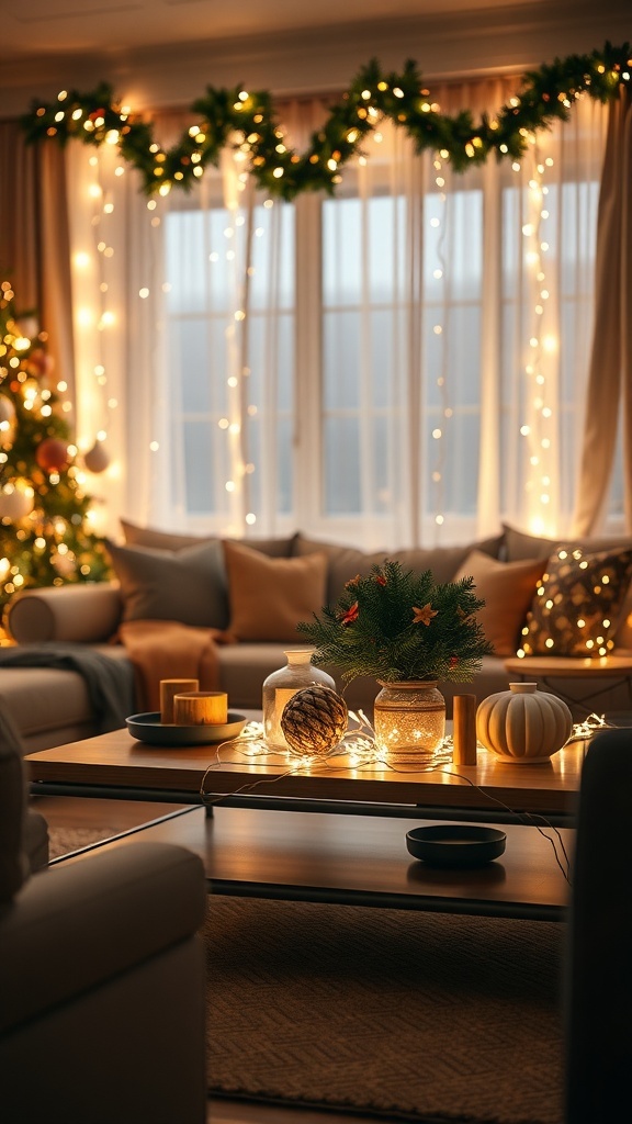 A cozy coffee table decorated for Christmas with fairy lights, a small evergreen arrangement, a pumpkin, and a warm atmosphere.