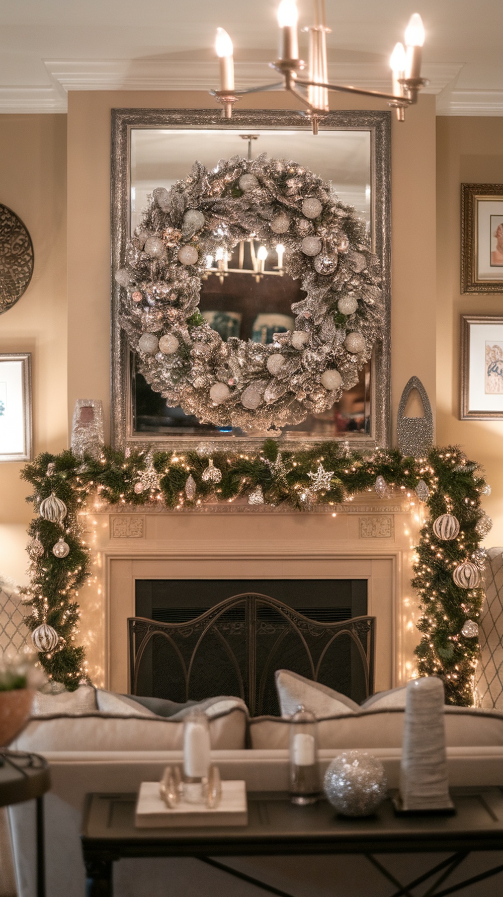 A sparkling glitter wreath hanging above a fireplace, decorated with silver and white ornaments, surrounded by festive garlands.