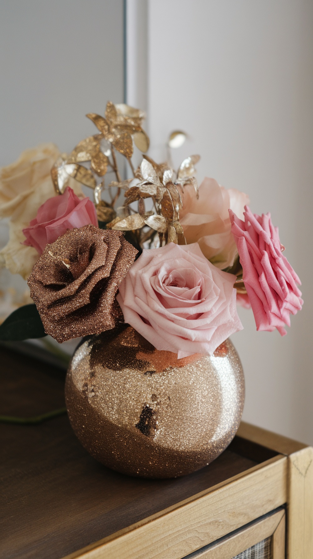A glittered floral arrangement featuring pink roses and gold accents in a shiny vase.