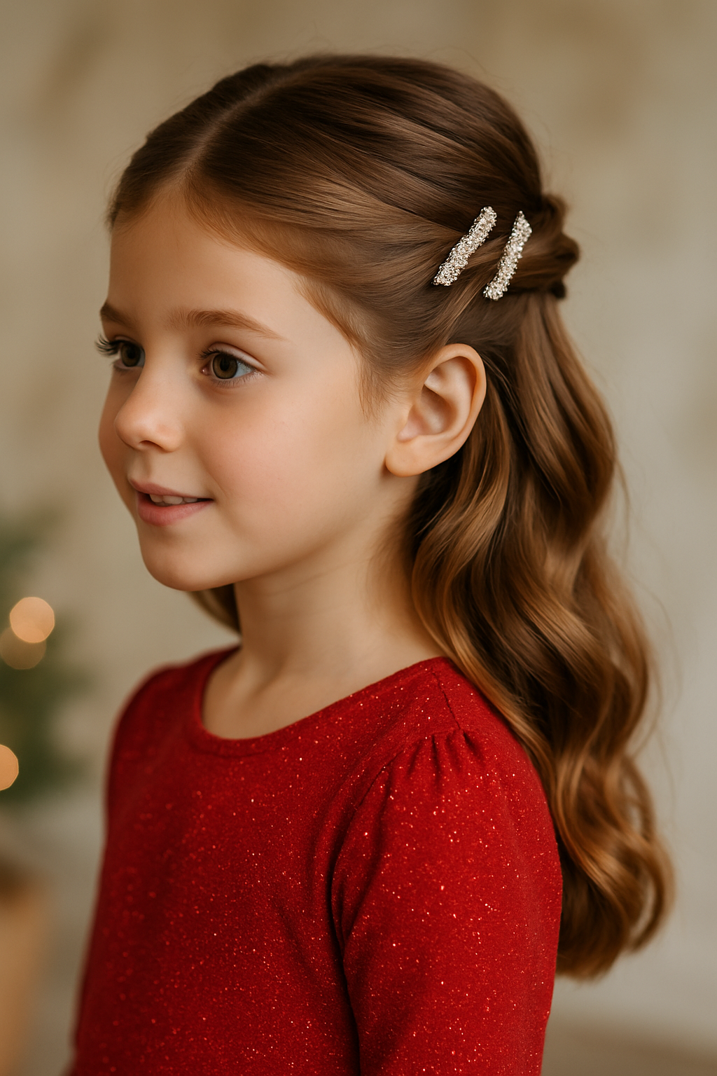 A young girl with half-up twists and sparkling hair clips, wearing a red shirt.