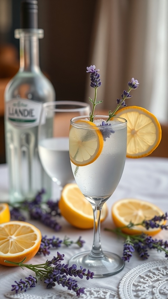 A glass of sparkling lavender lemonade garnished with lemon slices and lavender sprigs, surrounded by sliced lemons and lavender flowers.