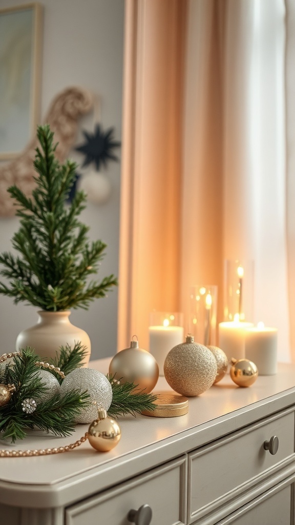 A cozy bedroom dresser decorated with gold and silver ornaments, a small evergreen plant, and candles, creating a festive atmosphere.