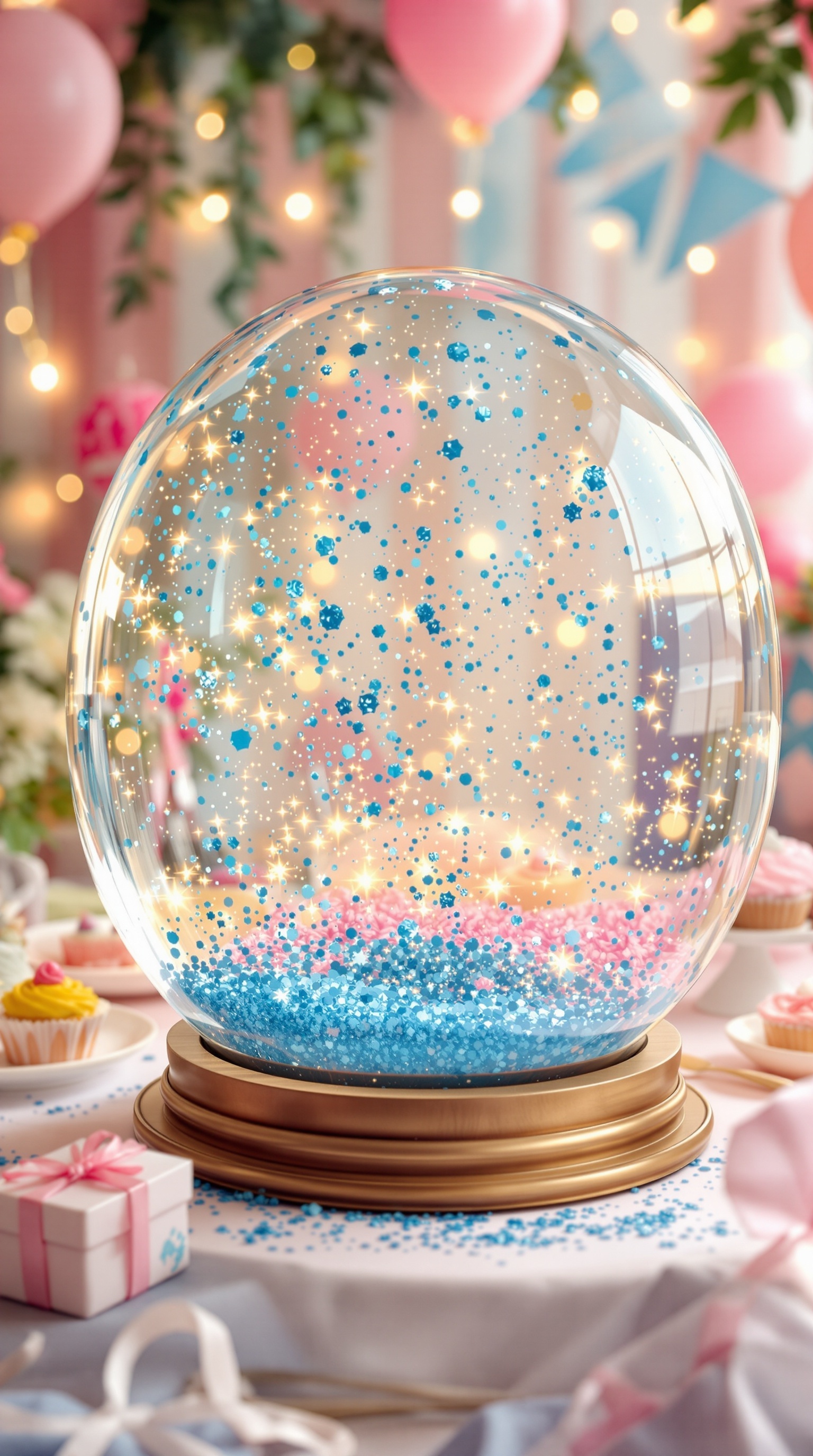 A sparkling snow globe filled with blue and pink glitter, set against a festive backdrop for a gender reveal party.