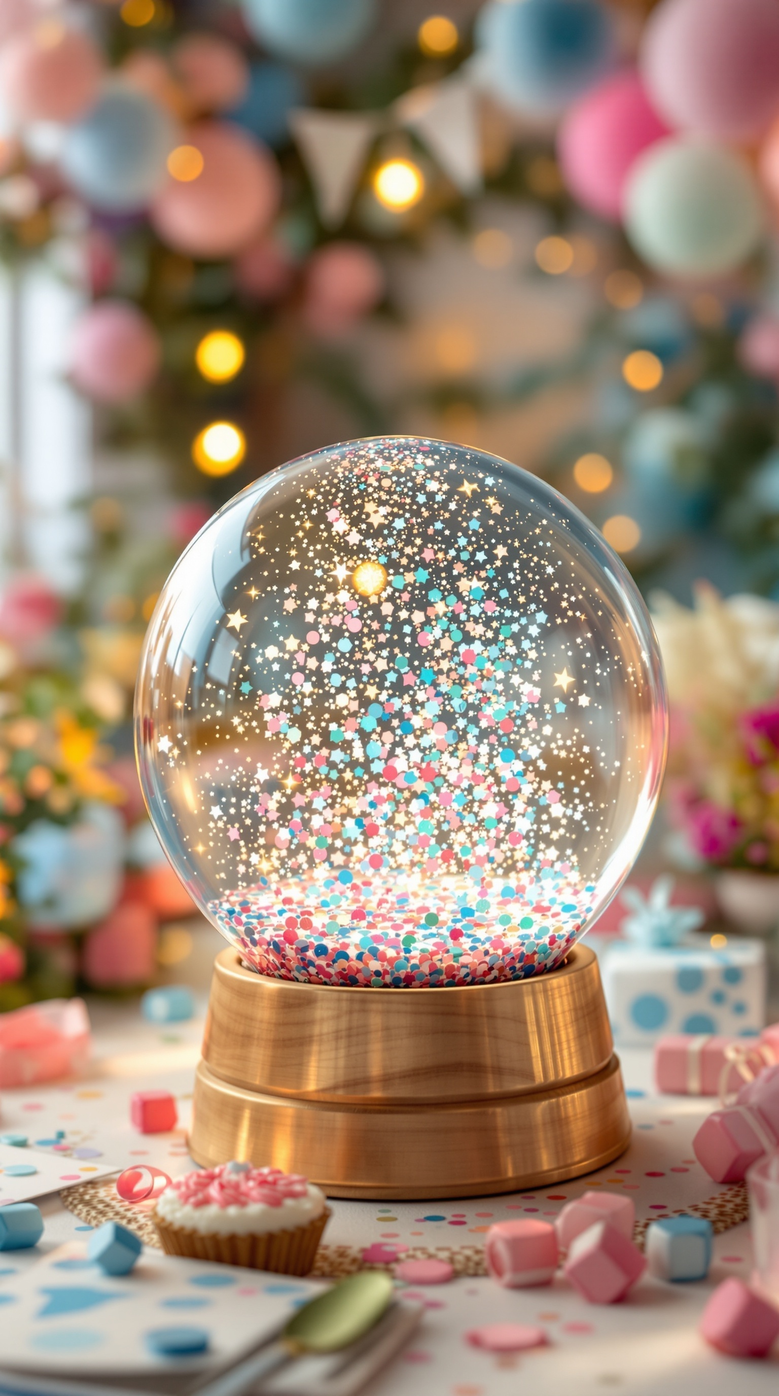 A sparkling snow globe filled with colorful confetti, surrounded by festive decorations.