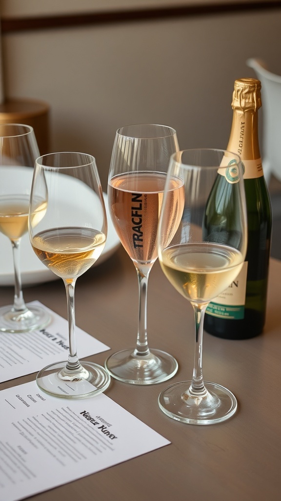 Glasses of sparkling wine with a bottle in the background on a table