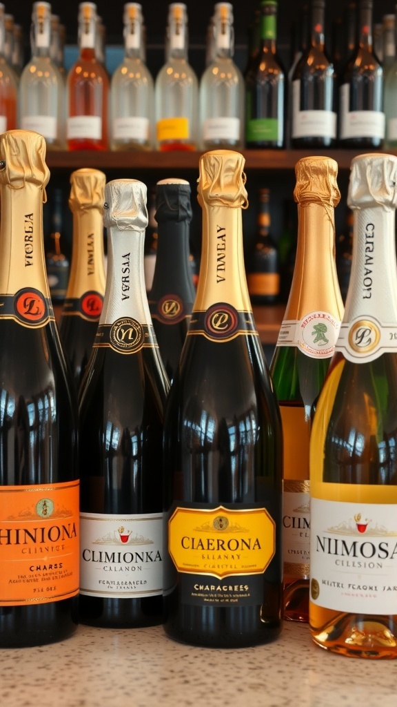 Various bottles of sparkling wine lined up, perfect for a mimosa bar at a bridal shower.