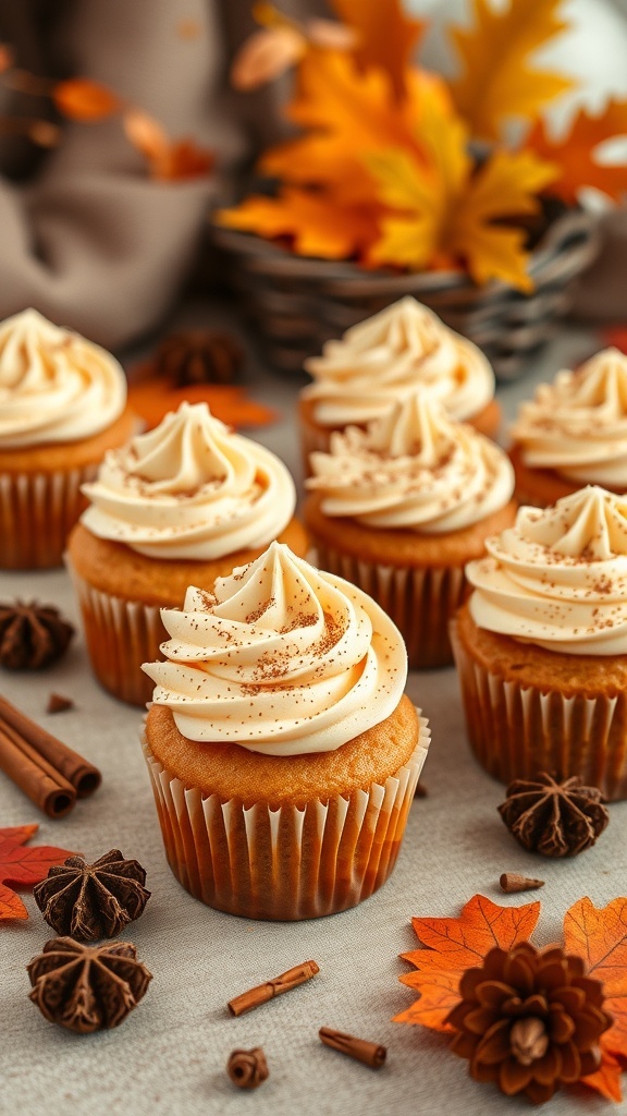 A display of spiced chai cupcakes topped with creamy frosting and surrounded by autumn leaves and spices.