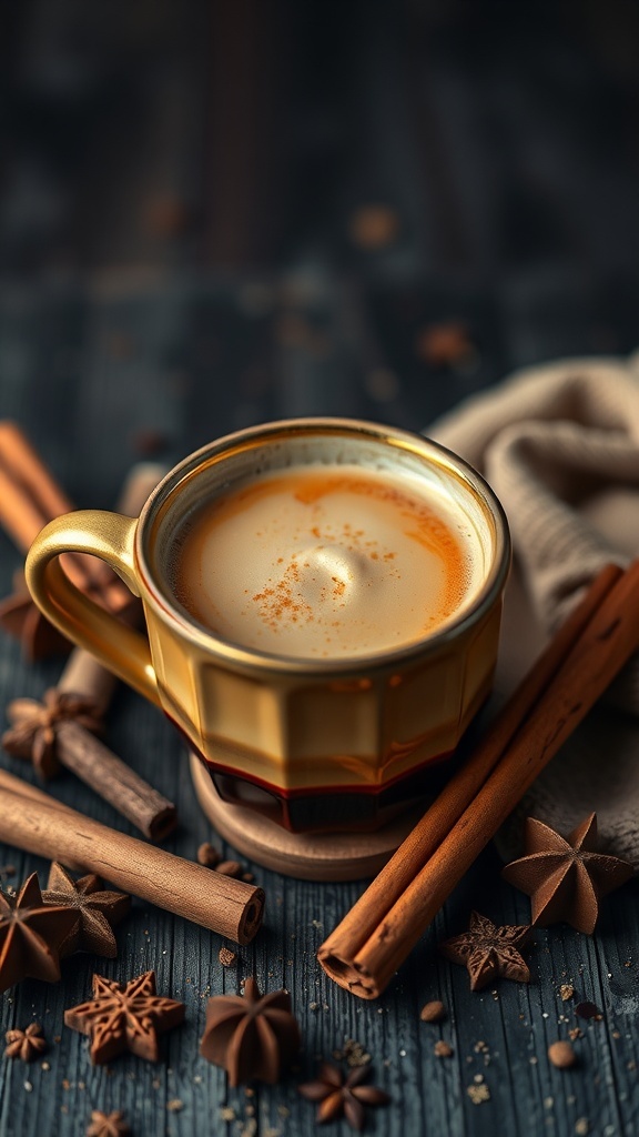 A cozy cup of spiced chai latte surrounded by cinnamon sticks and decorative spices.