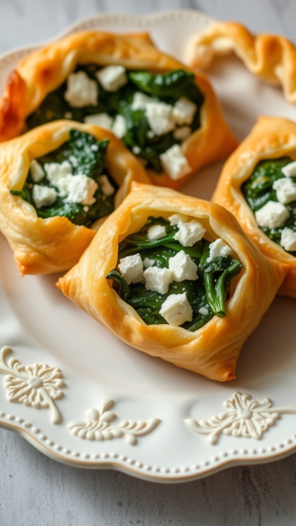 Spinach and feta stuffed puff pastries on a decorative plate.