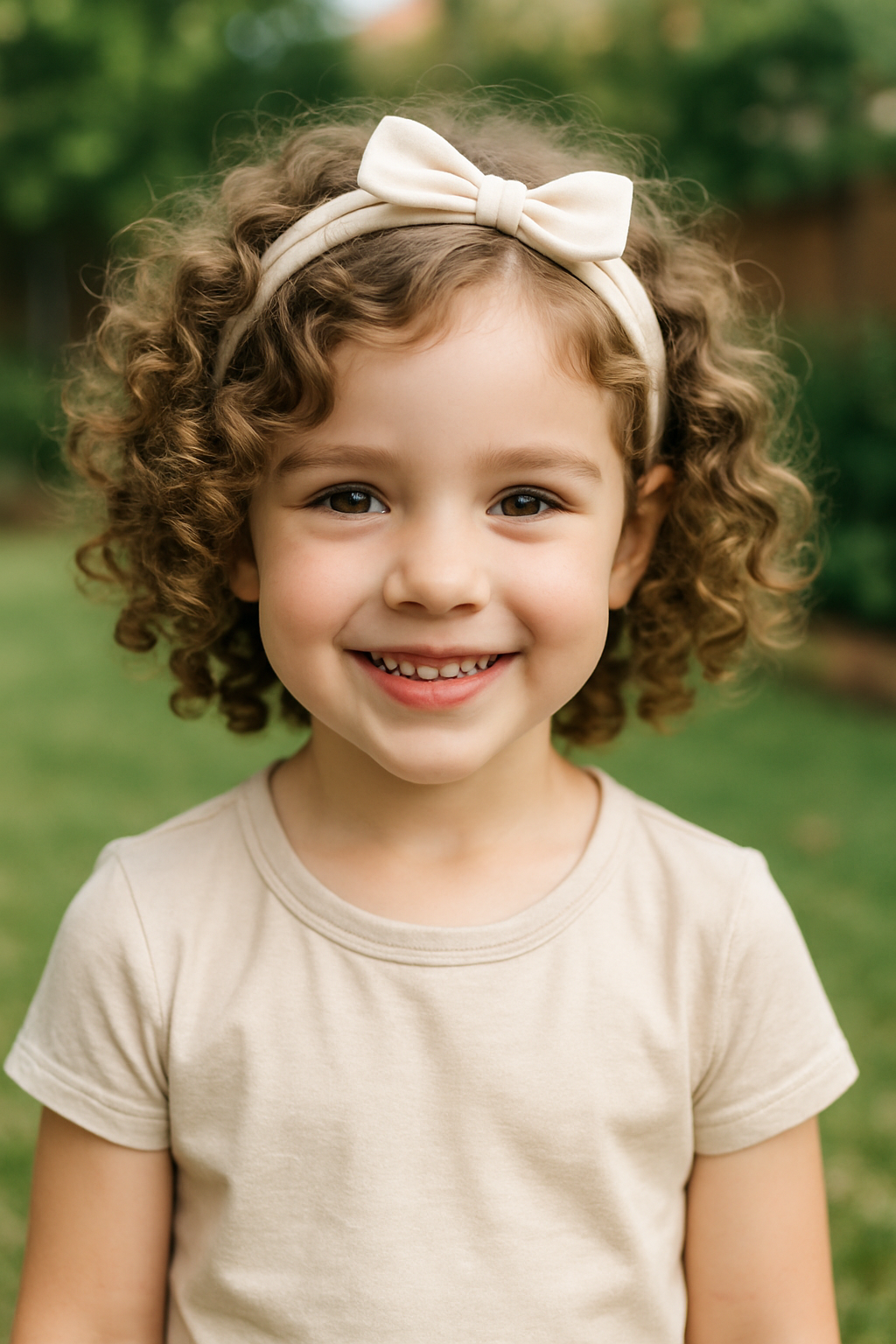 A young girl with spiral curls wearing a beige headband, smiling in a garden.