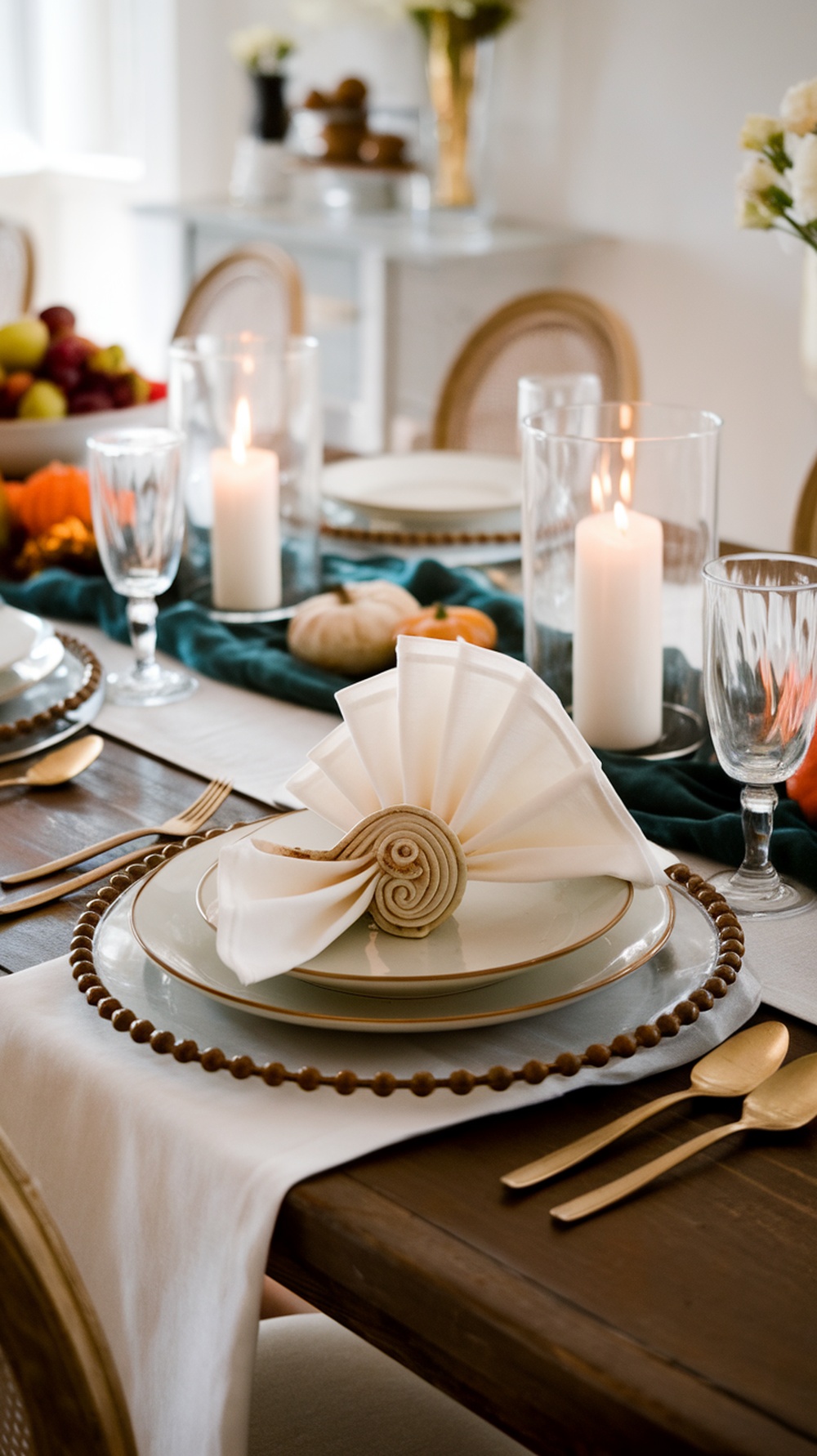 A beautifully folded spiral napkin on a plate, adding elegance to a Thanksgiving table setting.