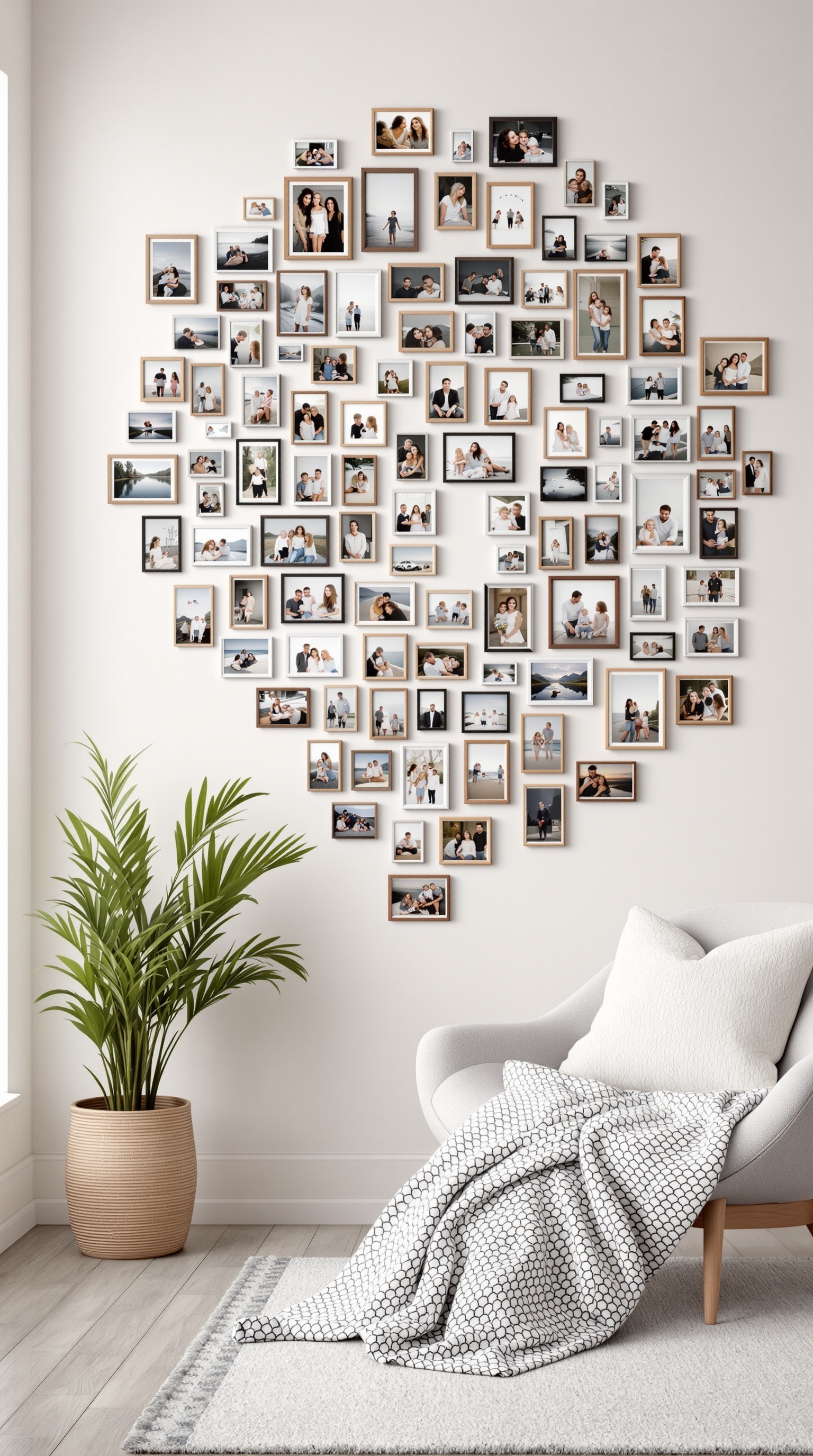 A spiral arrangement of family photos on a wall, showcasing various moments and memories.