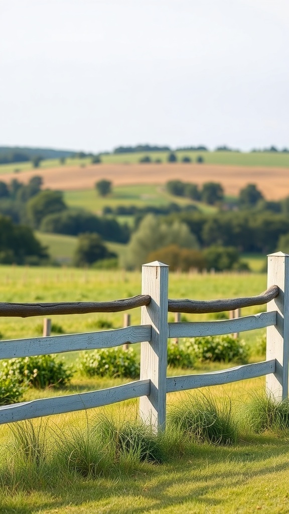 A split rail fence in a green landscape with rolling hills in the background.