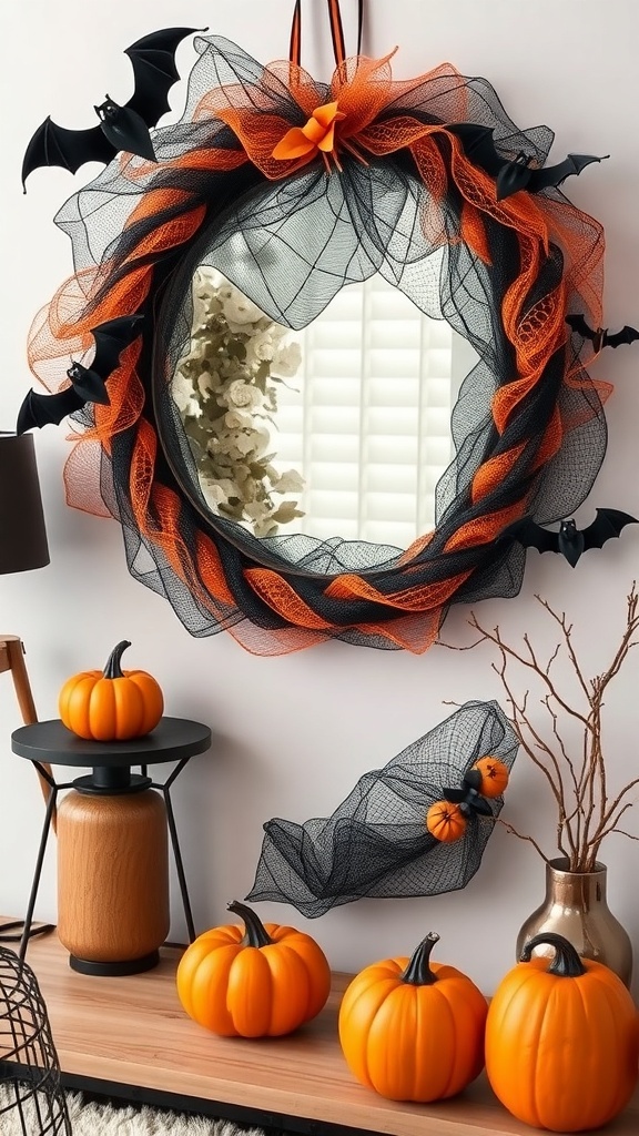 A spooky black and orange mesh wreath decorated with bats and pumpkins, hanging on a wall.