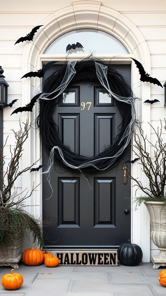 A spooky black Halloween wreath on a black door, decorated with bats and cobwebs, surrounded by pumpkins.