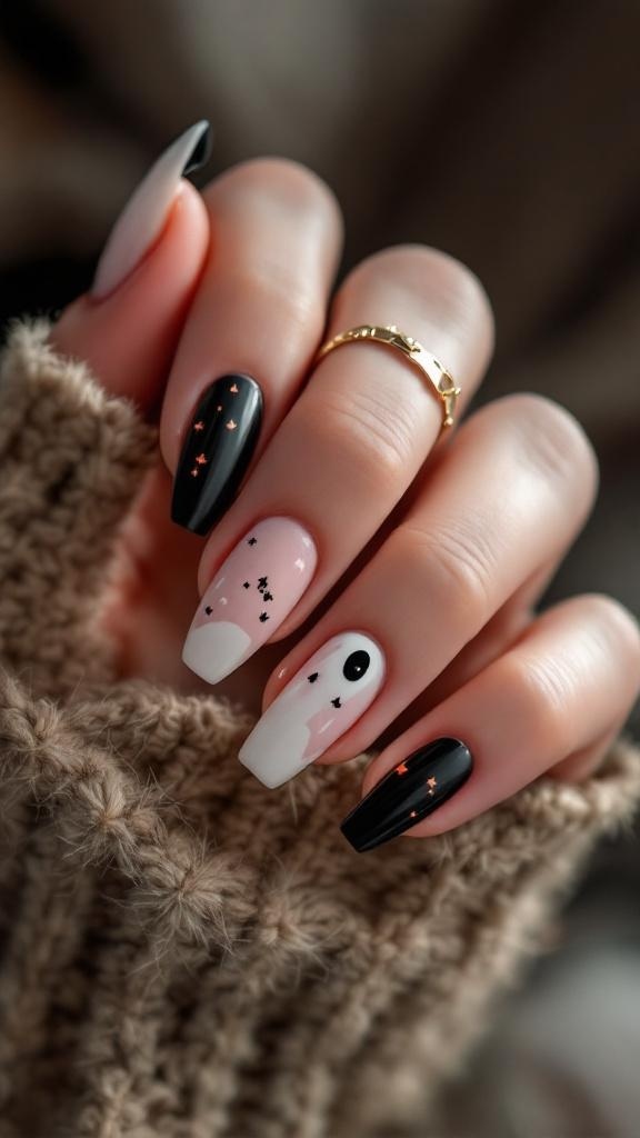 Nail art featuring spooky ghost designs with black, white, and pink colors.