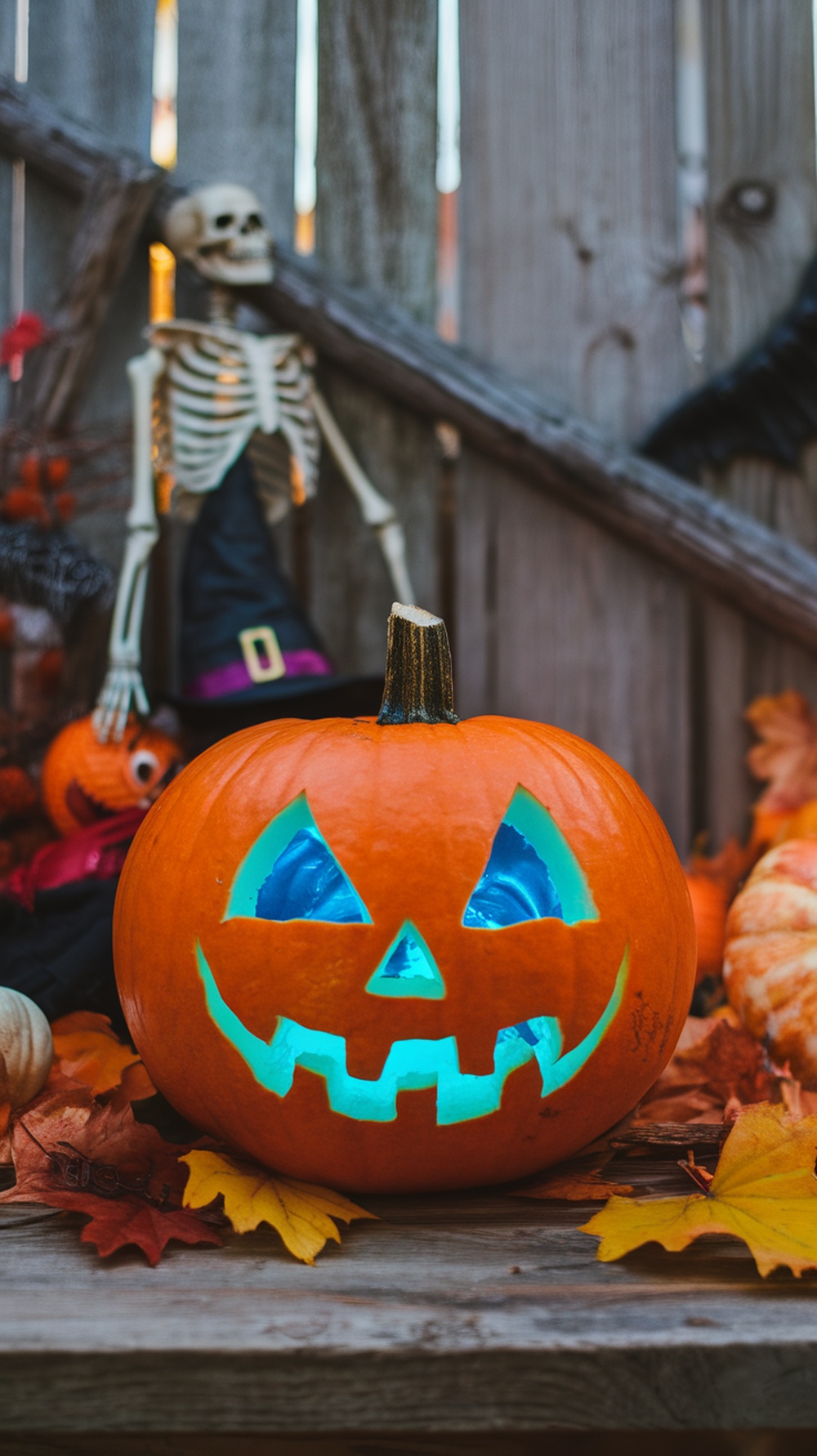 A carved pumpkin with blue light inside, surrounded by Halloween decorations.