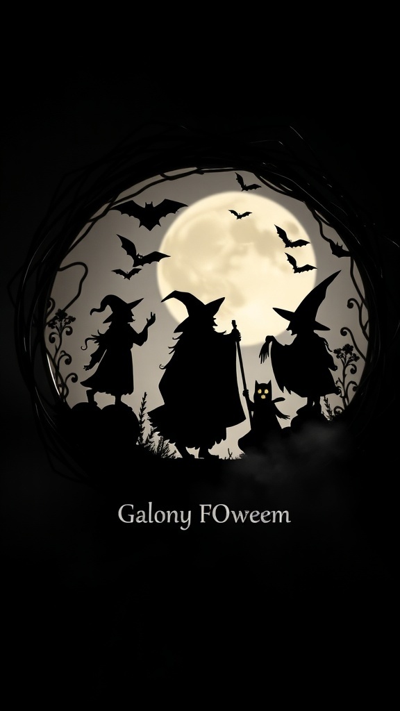 A spooky silhouette wreath featuring witches, bats, and a full moon.