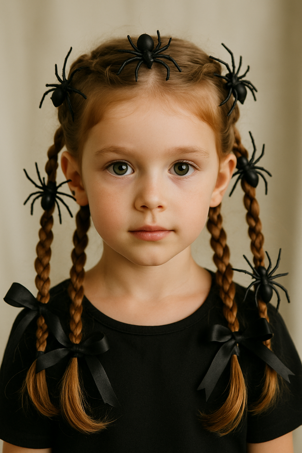 A girl with two braided hairstyles decorated with black spiders and black ribbons.