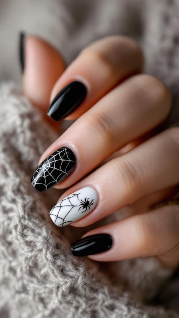 Nails with a spooky spider web design featuring black and white colors.
