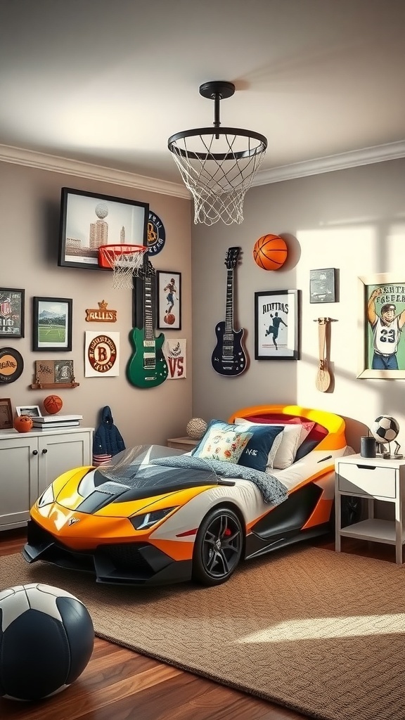 A sports-themed boys bedroom featuring a race car bed, basketball hoop, and various sports memorabilia.