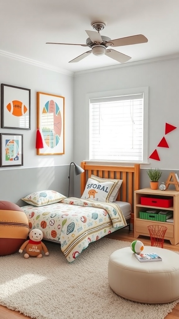 A children's bedroom with sports-themed decor, featuring a bed with sports print bedding, framed sports artwork, and playful accents.