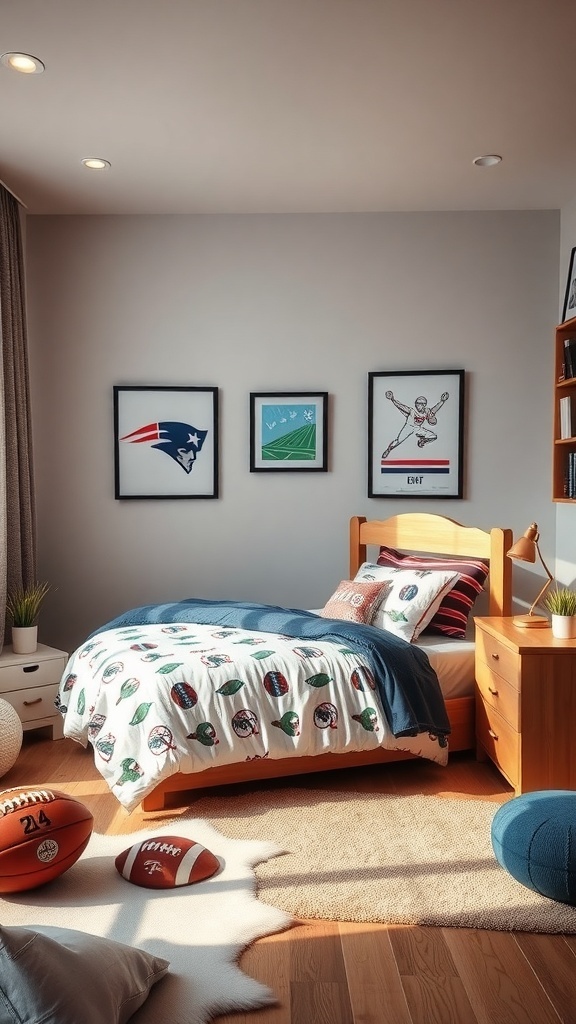 A pre-teen bedroom featuring sports-themed decor with a bed, sports accessories, and framed artwork.