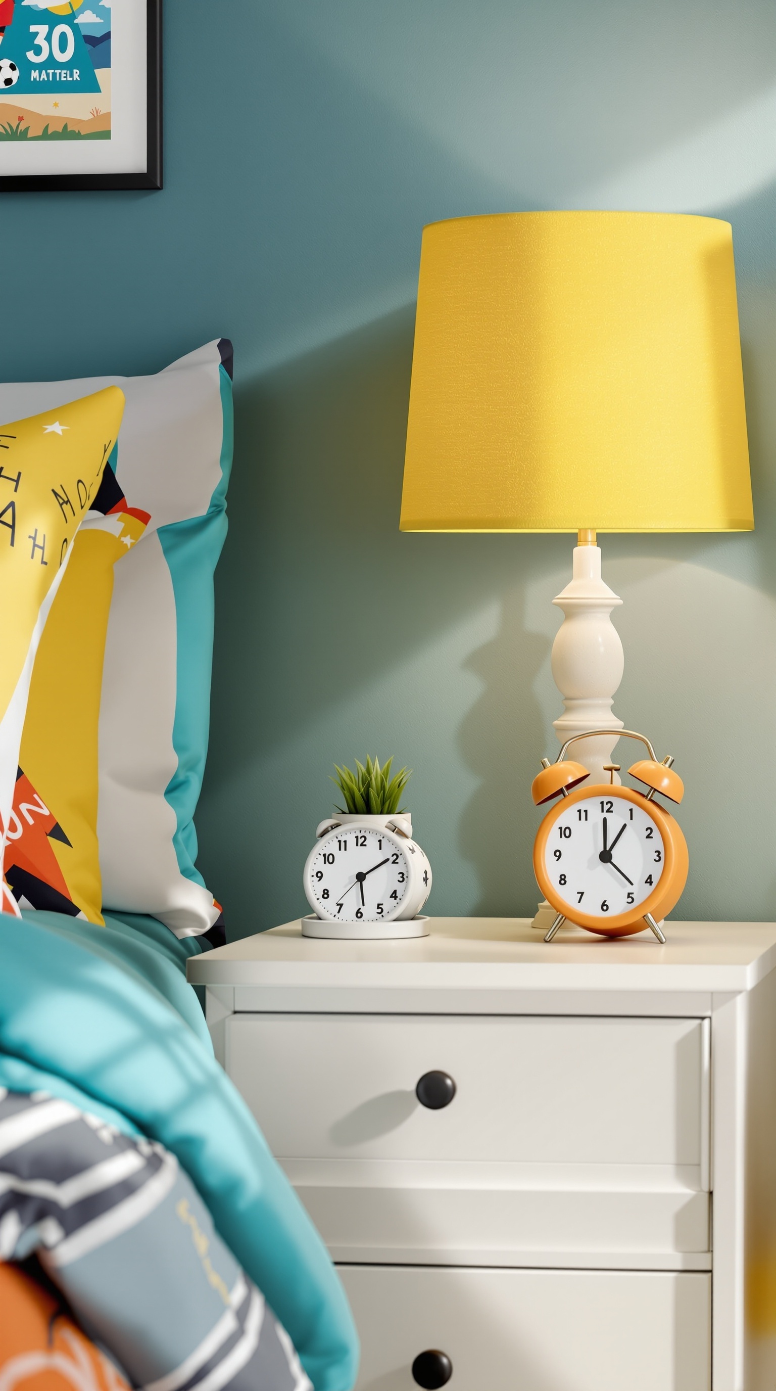 A cozy bedside with sports-themed accessories, including colorful bedding, a yellow lamp, and two stylish clocks.