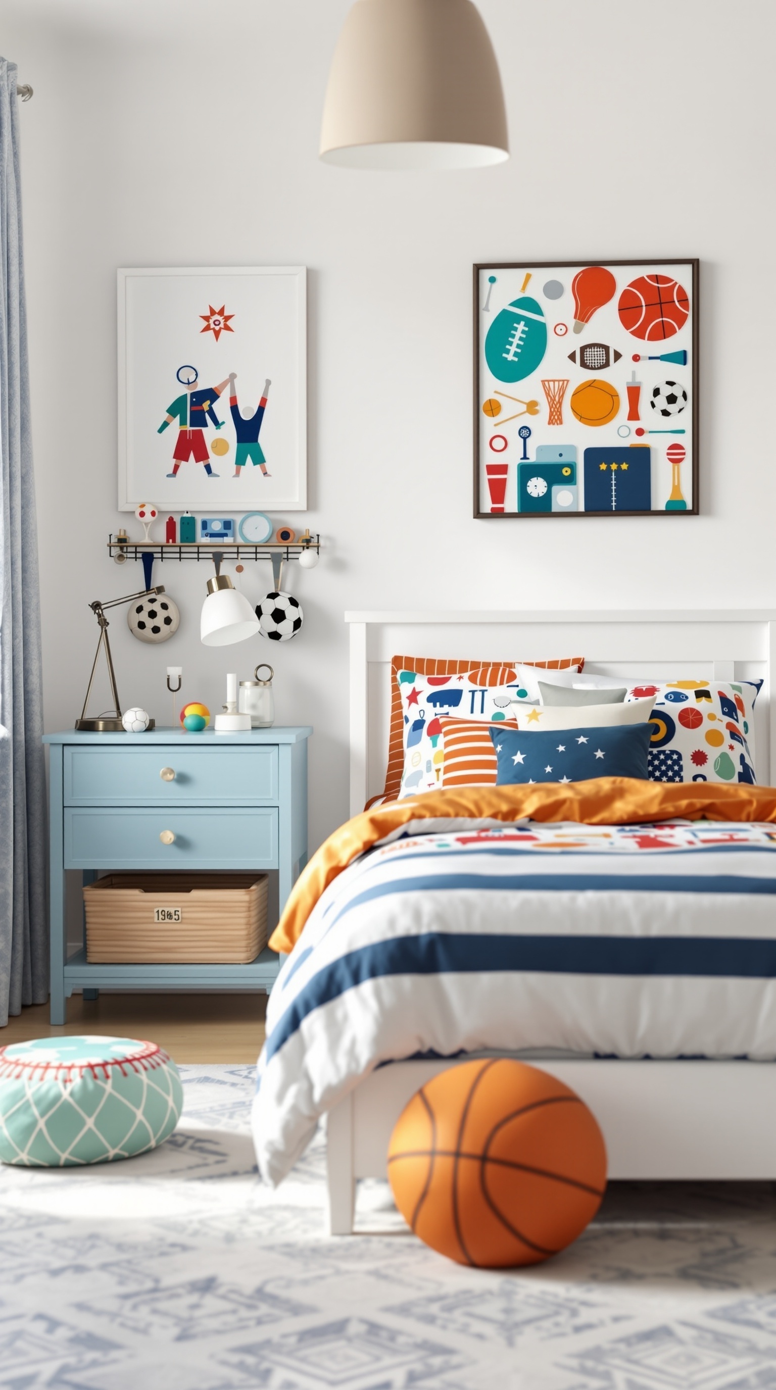 A colorful sports-themed baby boy bedroom featuring playful bedding, sports artwork, and a cozy atmosphere.