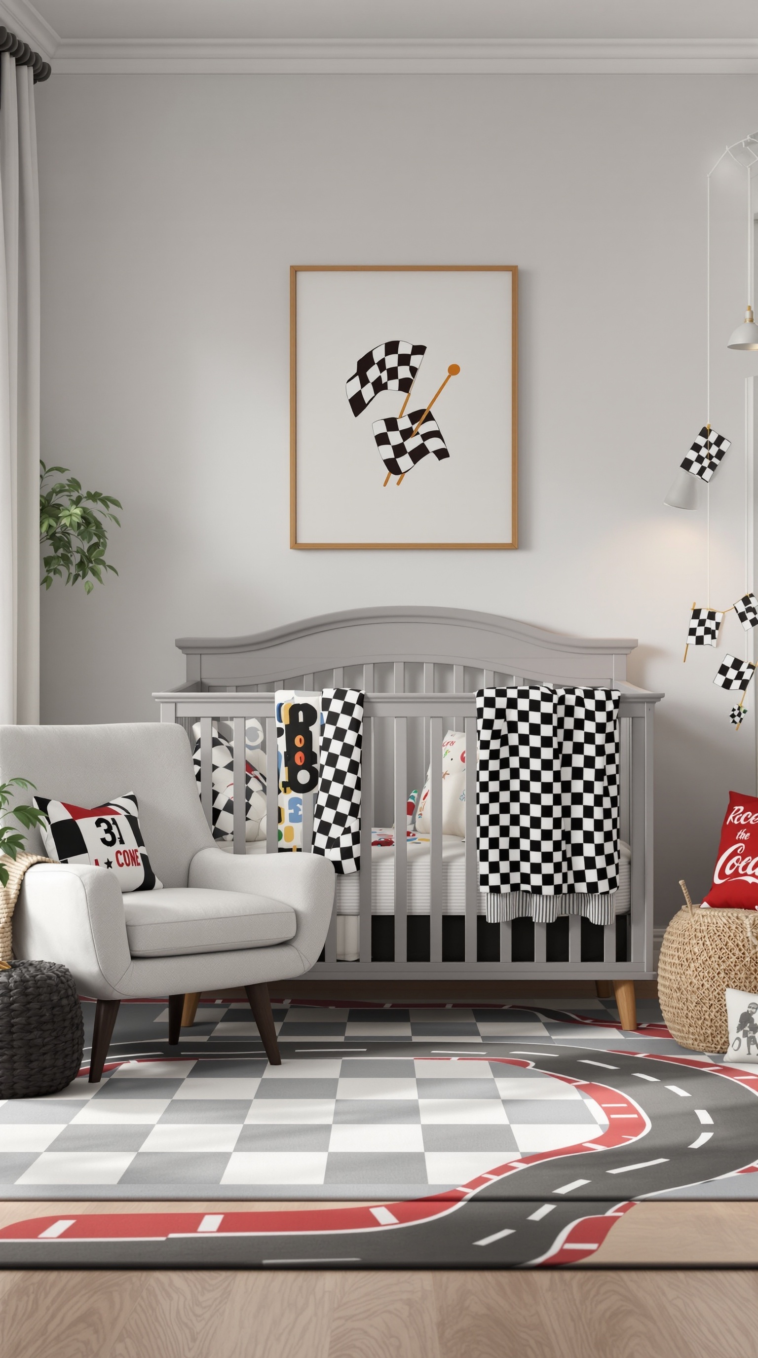 A nursery designed with a sports car racing theme, featuring a crib, checkered patterns, and a racetrack rug.
